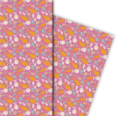 Kunterbuntes Geschenkpapier mit modernen Fischen auf rosa - G7550, 32 x 48cm
