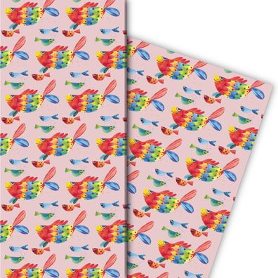 Lustiges Geschenkpapier mit Regenbogen Fischen auf rosa - G7558, 32 x 48cm