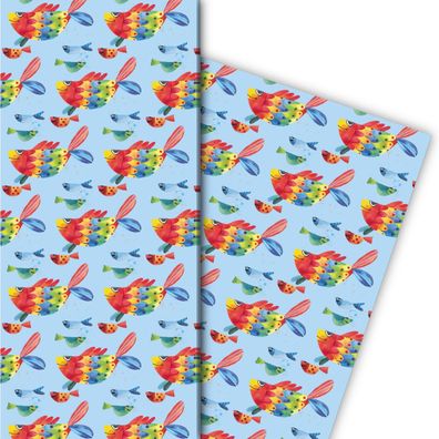 Lustiges Geschenkpapier mit Regenbogen Fischen auf blau - G7560, 32 x 48cm