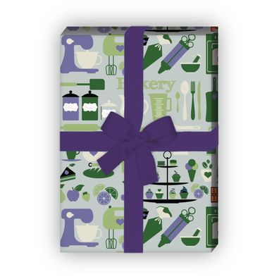 Hobby koch Geschenkpapier mit Koch Geräten auf grün - G7586, 32 x 48cm