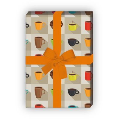 Kaffeepausen Geschenkpapier mit Bechern und Kaffeebohnen Herz, beige - G7595, 32 x 48