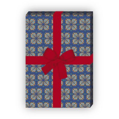 Elegantes grafische Geschenkpapier mit Blüten auf blau - G7599, 32 x 48cm
