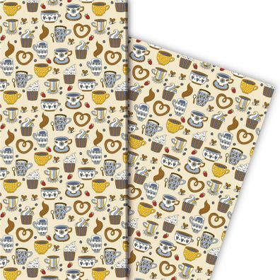 Kaffeepausen Geschenkpapier mit Tassen und Brezeln, hellblau - G7604, 32 x 48cm