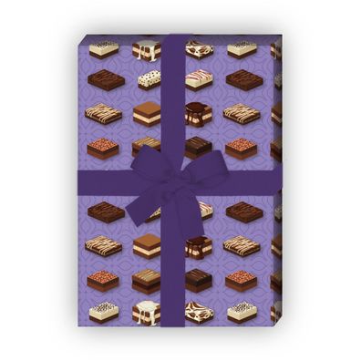 Leckeres Pralinen Geschenkpapier mit Blüten Muster auf lila - G7620, 32 x 48cm