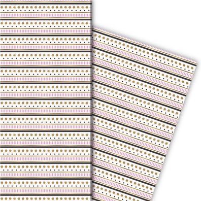 Grafisches Streifen Geschenkpapier mit Sternen, rosa - G7695, 32 x 48cm