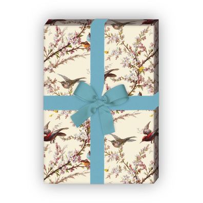 Frühlings Geschenkpapier mit Blüten und Vögeln auf beige - G7722, 32 x 48cm