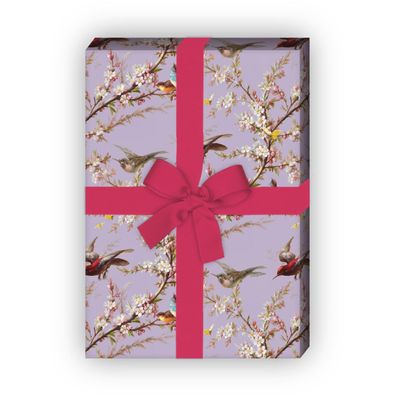 Frühlings Geschenkpapier mit Blüten und Vögeln auf lila - G7724, 32 x 48cm