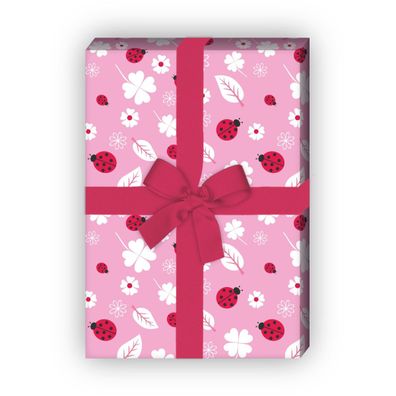 Glücks bringendes Geschenkpapier mit Marienkäfern und Klee, rosa - G8181, 32 x 48cm
