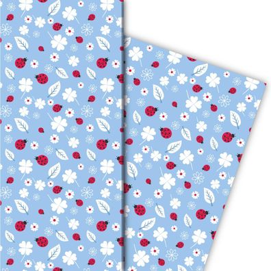 Glücks bringendes Geschenkpapier mit Marienkäfern und Klee, hellblau - G8182, 32 x 48