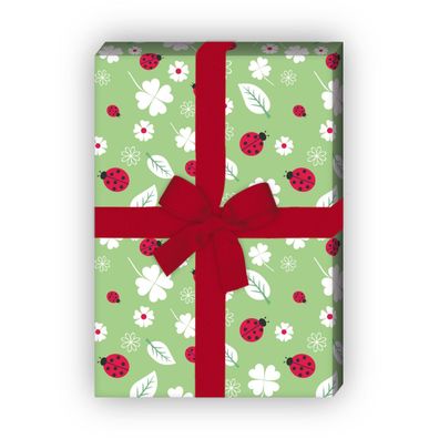 Glücks bringendes Geschenkpapier mit Marienkäfern und Klee, grün - G8183, 32 x 48cm