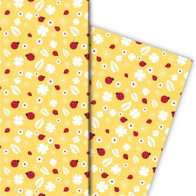 Glücks bringendes Geschenkpapier mit Marienkäfern und Klee, gelb - G8184, 32 x 48cm
