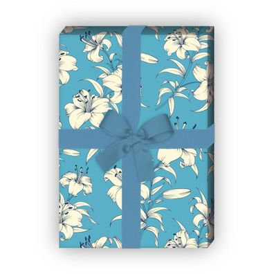 Exotisches Sommer Geschenkpapier mit Lilien, hellblau - G8188, 32 x 48cm