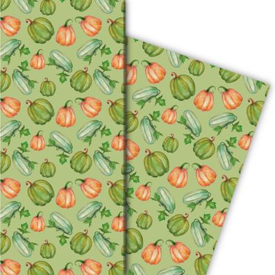Handgemaltes Geschenkpapier mit Kürbissen nicht nur zu Halloween, grün - G8215, 32 x
