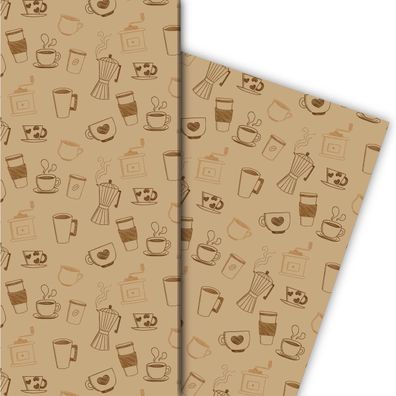 Kaffee Pausen Geschenkpapier mit Tassen und Kaffemühlen, beige - G8278, 32 x 48cm