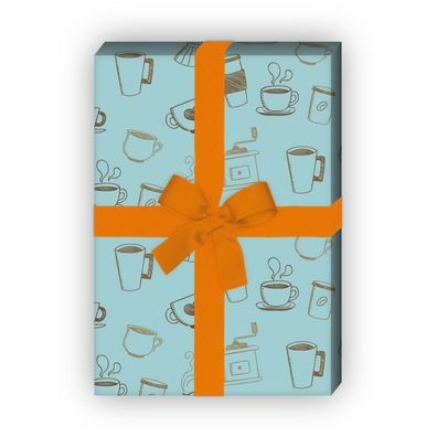 Kaffee Pausen Geschenkpapier mit Tassen und Kaffemühlen, hellblau - G8279, 32 x 48cm