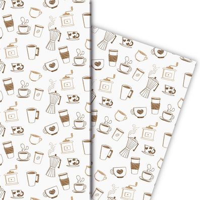 Kaffee Pausen Geschenkpapier mit Tassen und Kaffemühlen, weiß - G8280, 32 x 48cm