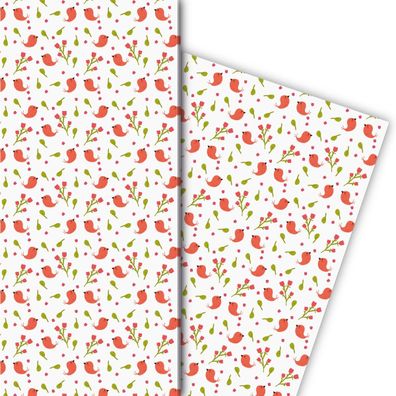 Frühlings Geschenkpapier mit kleinen Vögeln und Blumen, weiß - G8291, 32 x 48cm