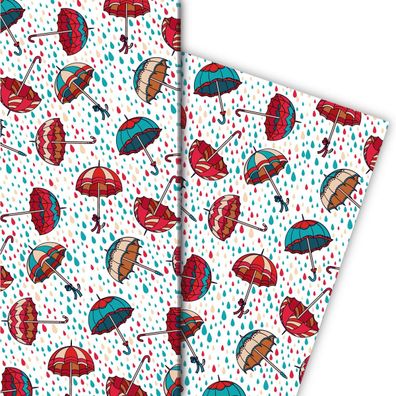 Fröhliches Regen Geschenkpapier mit fliegenden Regenschirmen, rot - G10136, 32 x 48cm