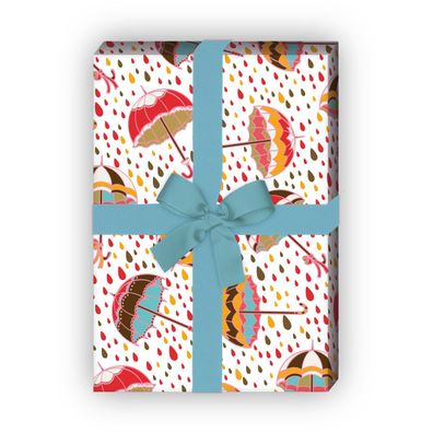 Fröhliches Regen Geschenkpapier mit fliegenden Regenschirmen, rosa - G10137, 32 x 48c