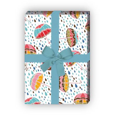 Fröhliches Regen Geschenkpapier mit fliegenden Regenschirmen, hellblau - G10138, 32 x