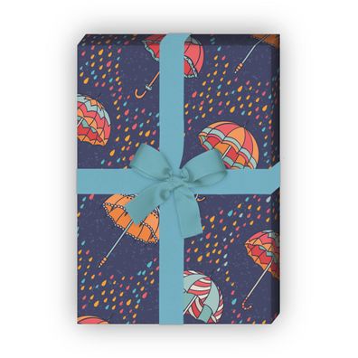 Fröhliches Herbst Regen Geschenkpapier mit fliegenden Regenschirmen, blau - G10139, 3