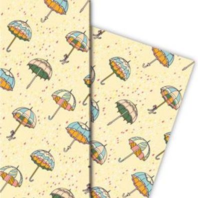 Fröhliches Herbst Regen Geschenkpapier mit fliegenden Regenschirmen, gelb - G10141, 3