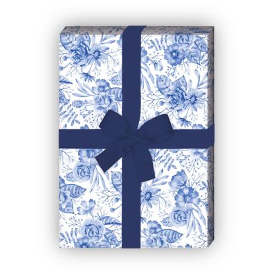 Klassisch elegantes Geschenkpapier mit Blumen und Blüten Dekor, blau - G10146, 32 x 4