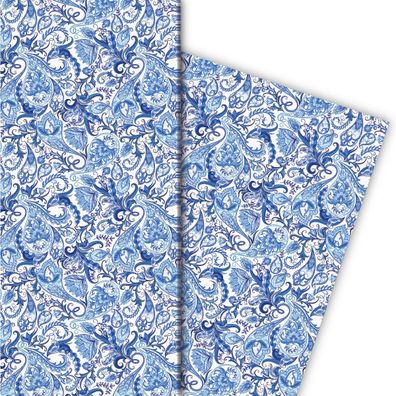 Klein gemustertes Geschenkpapier mit Paisley muster, blau - G10157, 32 x 48cm