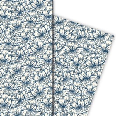 Florales Geschenkpapier mit üppigen Hibiskus Blüten, blau - G10197, 32 x 48cm