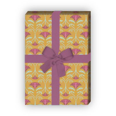 Elegantes Jugendstil Geschenkpapier mit Blumen Ranken, gelb - G8515, 32 x 48cm
