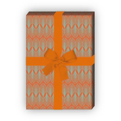 Jugendstil Geschenkpapier Set mit zartem Feder Motiv, orange - G8564, 32 x 48cm
