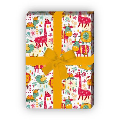 Fröhliches rotes Retro Kinder Geschenkpapier mit bunten Tieren - G10273, 32 x 48cm