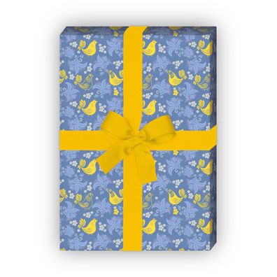 Folklore Geschenkpapier mit Hühnern, blau gelb, universal Geschenkpapier - G11485, 32