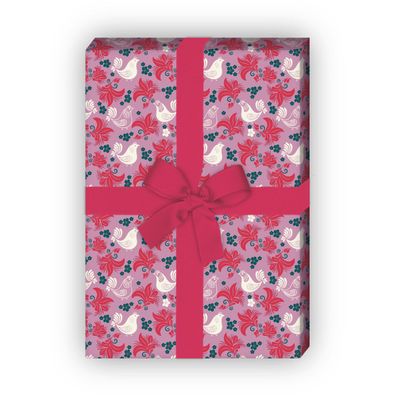 Folklore Geschenkpapier mit Hühnern, rosa rot zum Einpacken - G11486, 32 x 48cm