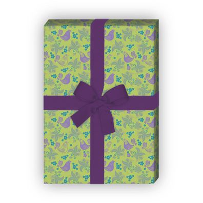 Folklore Geschenkpapier mit Hühnern, grün lila zum Einpacken - G11488, 32 x 48cm