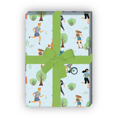 Fröhliches Sommer Geschenkpapier Menschen im Park, hellblau zum Einpacken - G11631, 3