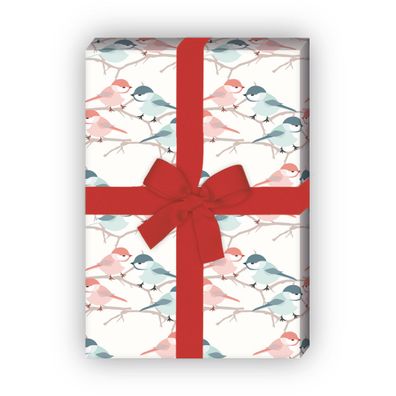 Frühlings Geschenkpapier rot blau mit Meisen Paar auch für Verliebte - G11661, 32 x 4