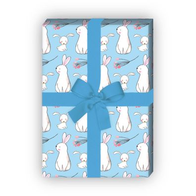 Geschenkpapier mit Baby Hasen, Geburt, hellblau, zu Weihnachten Geburtstag - G11666,