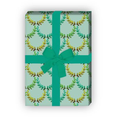 Gemaltes Lorbeer Geschenkpapier mit Kränzen, grün - G11673, 32 x 48cm