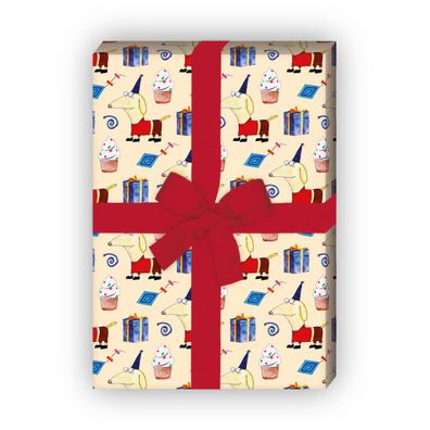 Lustiges Geburtstag Geschenkpapier mit Party Dackel, beige - G11676, 32 x 48cm