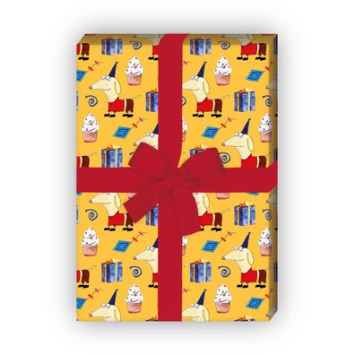 Lustiges Geburtstag Geschenkpapier mit Party Dackel, gelb - G11677, 32 x 48cm