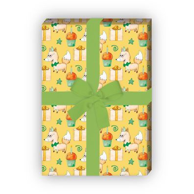Lustiges Geburtstag Geschenkpapier mit Party Hund & Muffins, grün - G11680, 32 x 48cm
