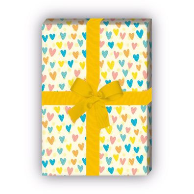 Fröhliches Geschenkpapier mit gemalten Herzen, Dekorpapier, gelb - G11863, 32 x 48cm