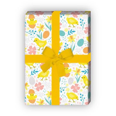 Fröhliches Küken Oster Geschenkpapier mit Osterglocken und Eiern, weiß - G11864, 32 x
