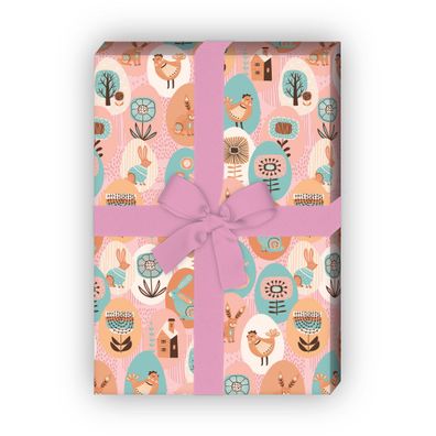 Folklore Geschenkpapier mit schönen gemalten Ostereiern, Designpapier, rosa - G11916,