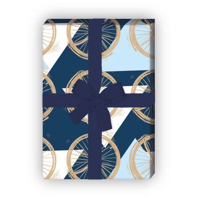Grafisches blaues Geschenkpapier Set mit Dreiecken und Rädern - G12285, 32 x 48cm