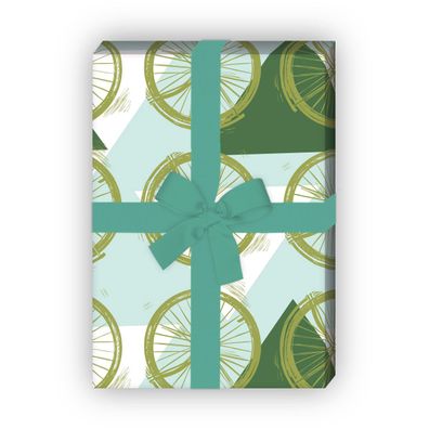 Grafisches grünes Geschenkpapier Set mit Dreiecken und Rädern - G12286, 32 x 48cm