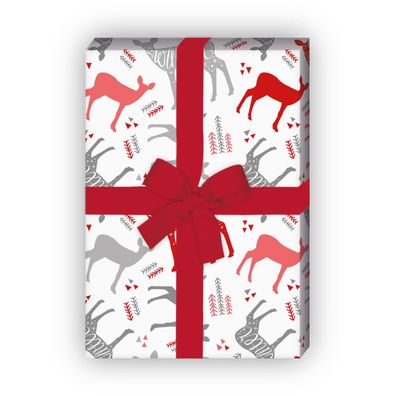 Feines Winter Weihnachts Geschenkpapier rot grau, mit hübschen Rehen - G12312, 32 x 4