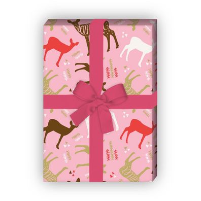 Feines Winter Geschenkpapier, rosa, mit hübschen Rehen - G12314, 32 x 48cm