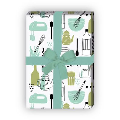 Grünes Retro Küchen Geschenkpapier mit Vintage Koch & Back Utensilien - G12329, 32 x